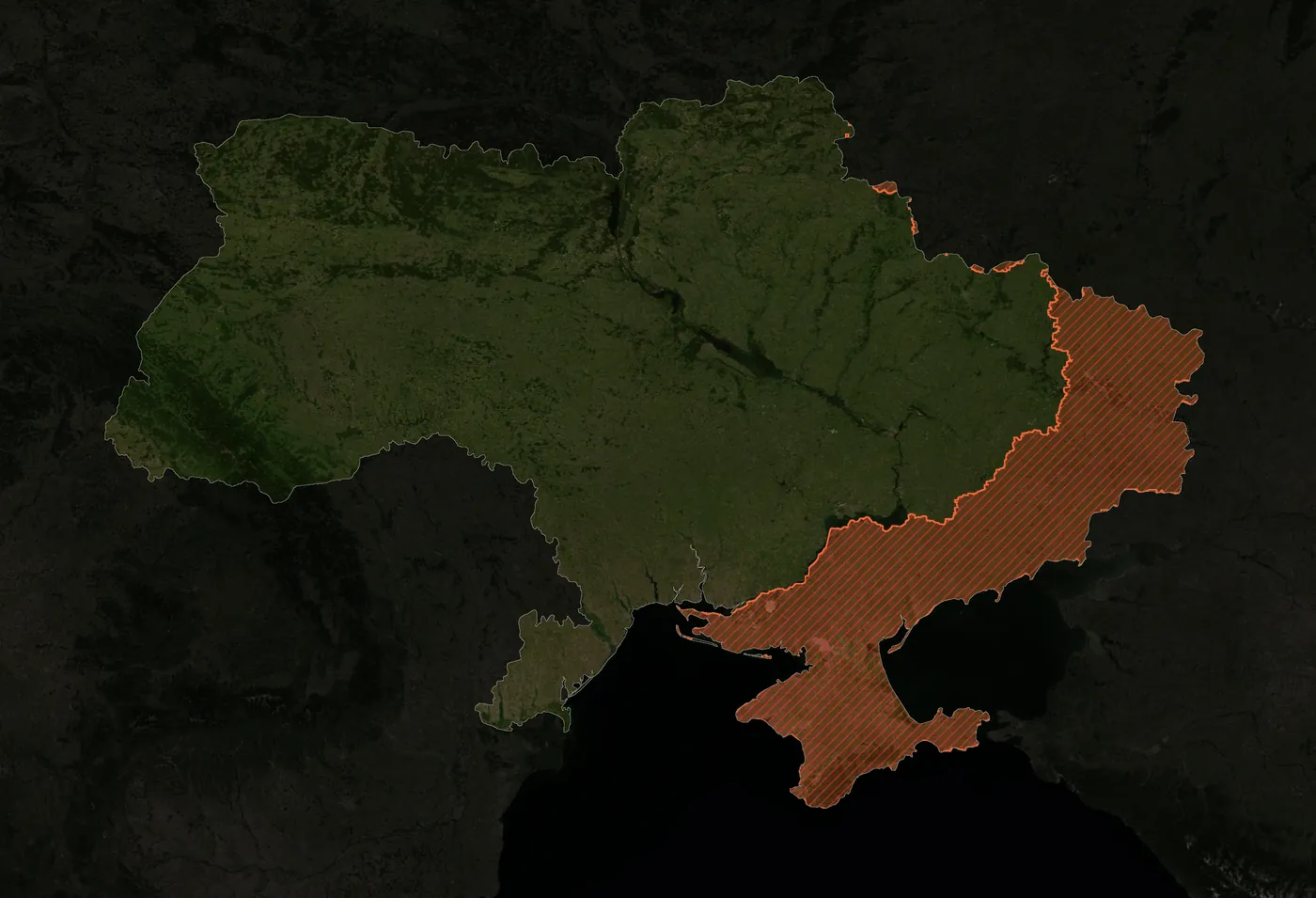 Супутникова мапа України з окупованими територіями, лінією фронту та Соледаром / Satellite map of Ukraine with the occupied territories, the front line and Soledar